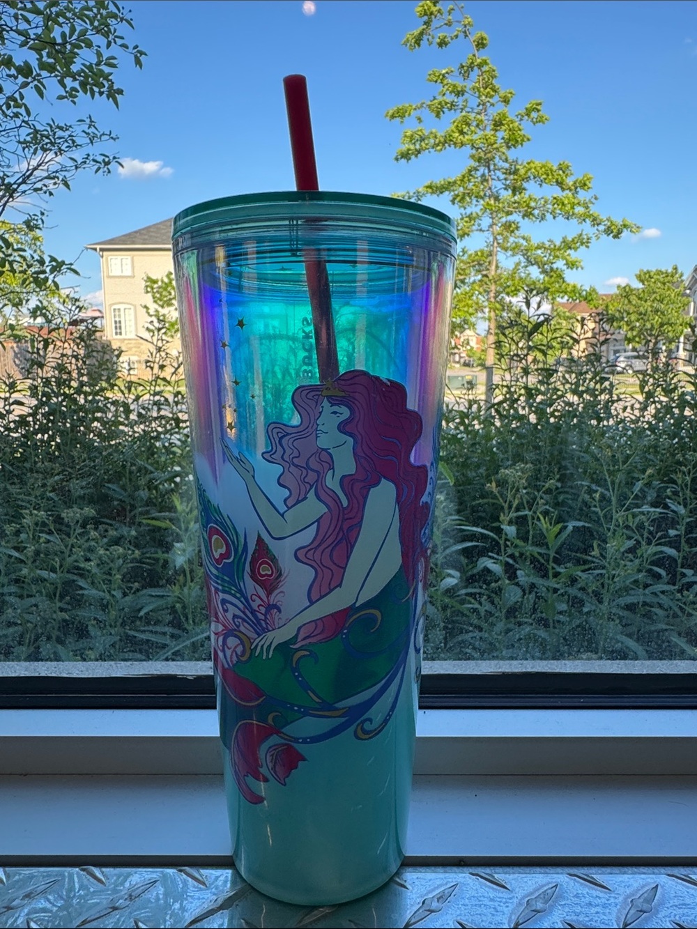 NEW Starbucks Mermaid Siren Pink Aqua Stars Iridescent Cold Cup Tumbler 24oz